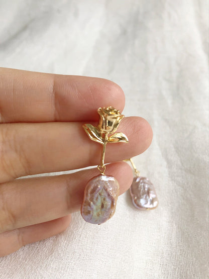Rose ear drop, pearl earrings, freshwater pearl