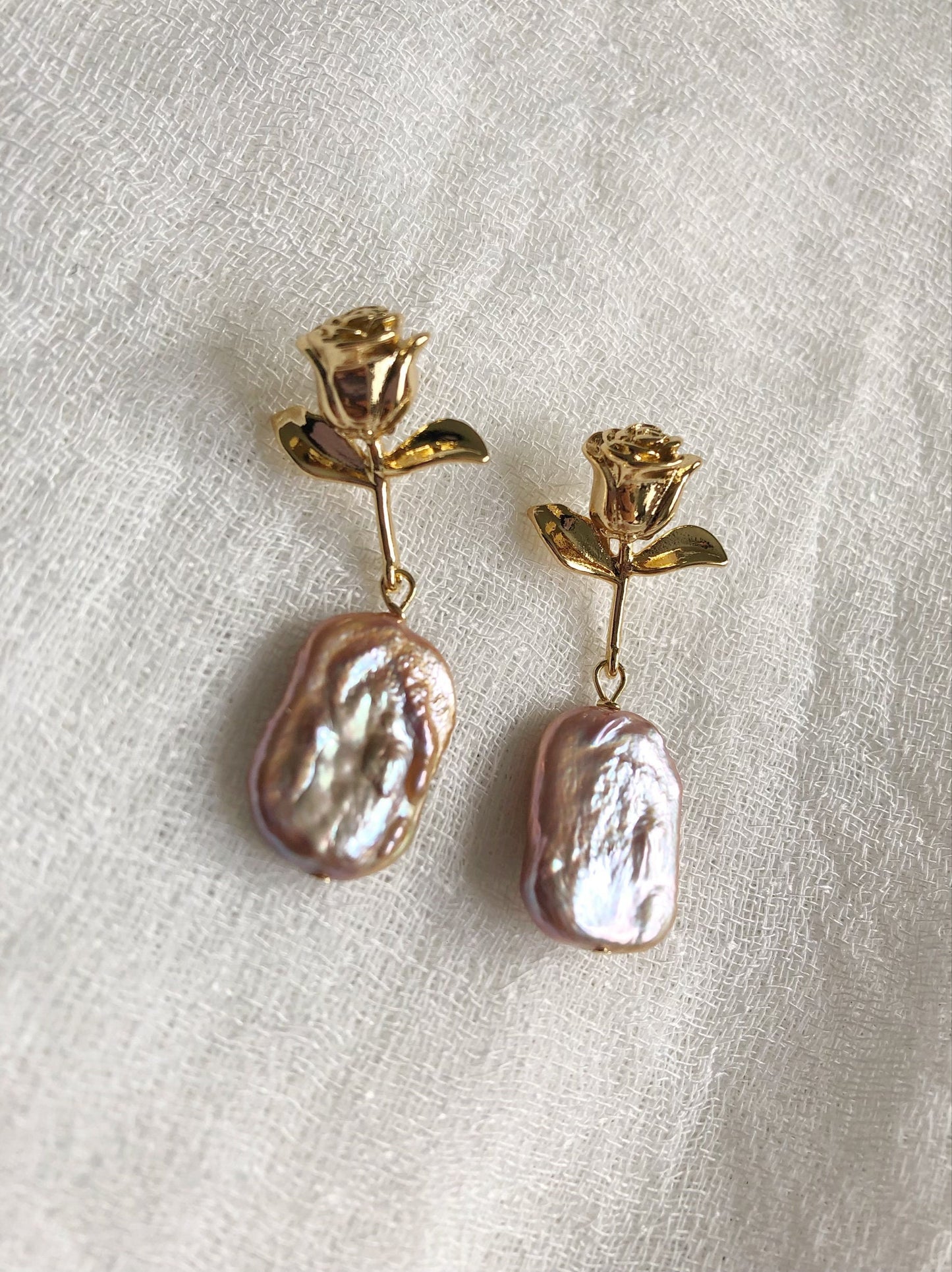 Rose ear drop, pearl earrings, freshwater pearl