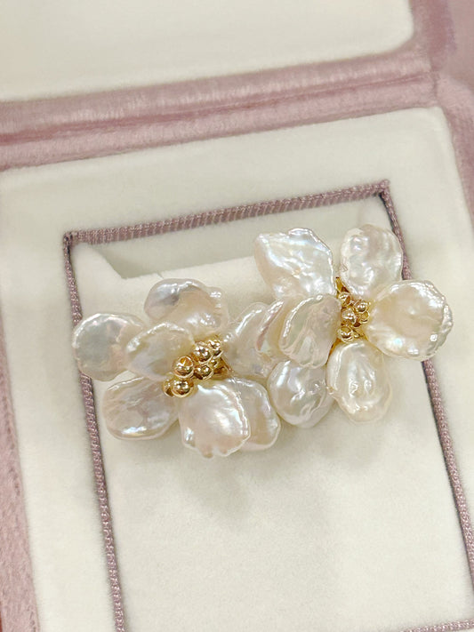 Pearl flower, camellia earrings, freshwater pearls