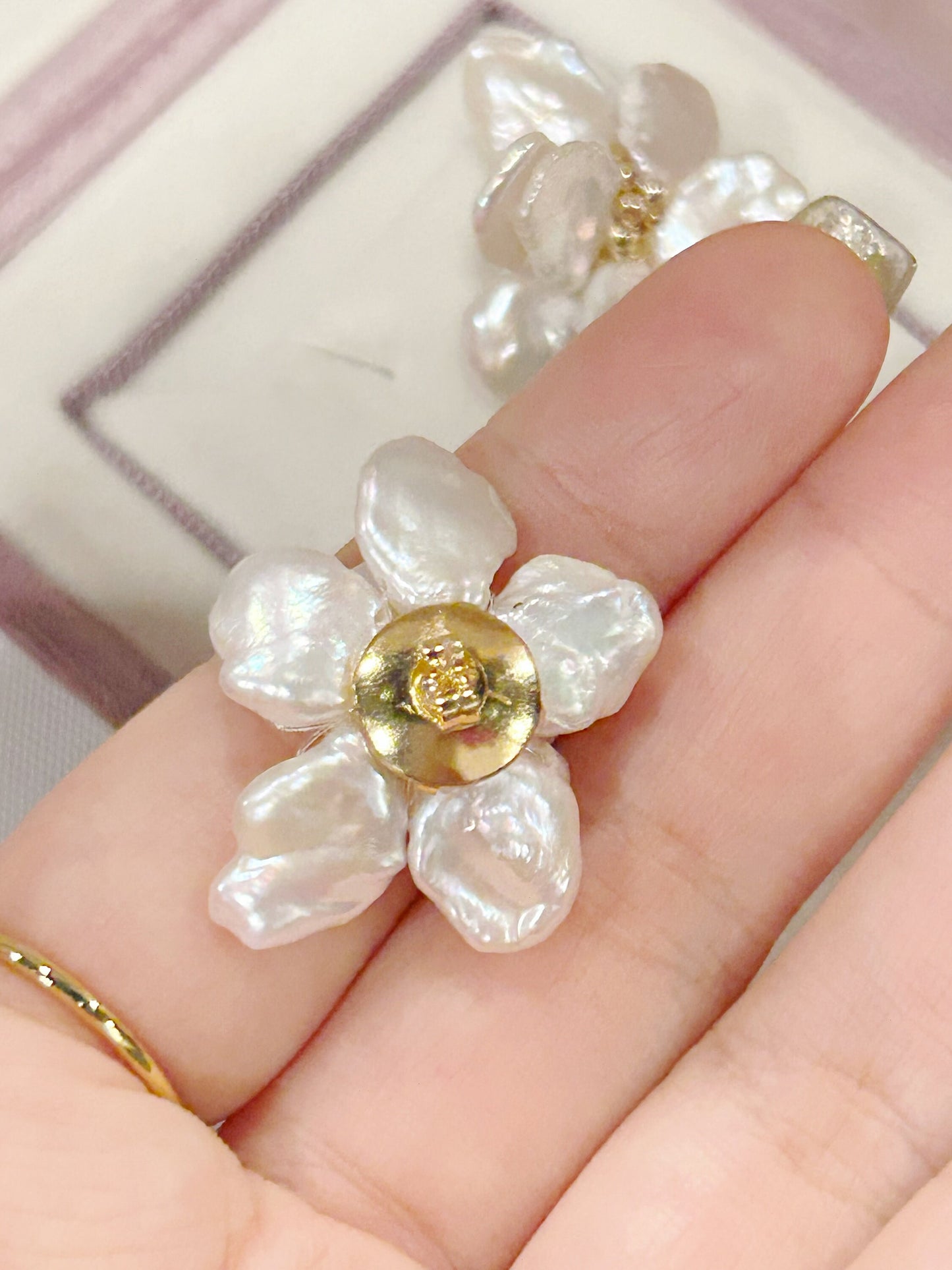 Pearl flower, camellia earrings, freshwater pearls