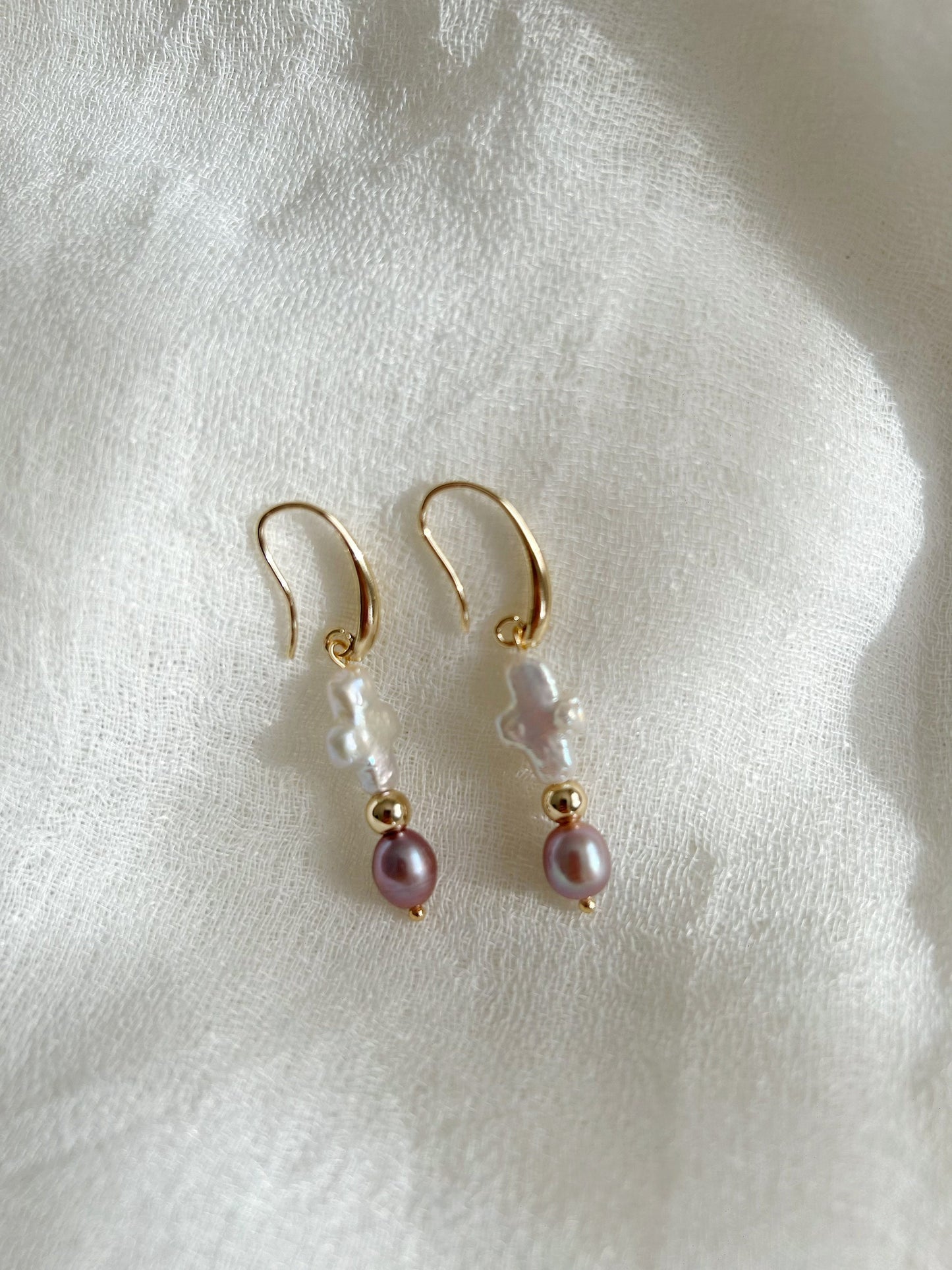 Cross pearl ear drop, freshwater purple pearl earrings, unique style pearl ear drop