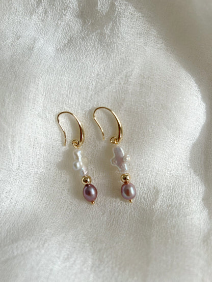 Cross pearl ear drop, freshwater purple pearl earrings, unique style pearl ear drop