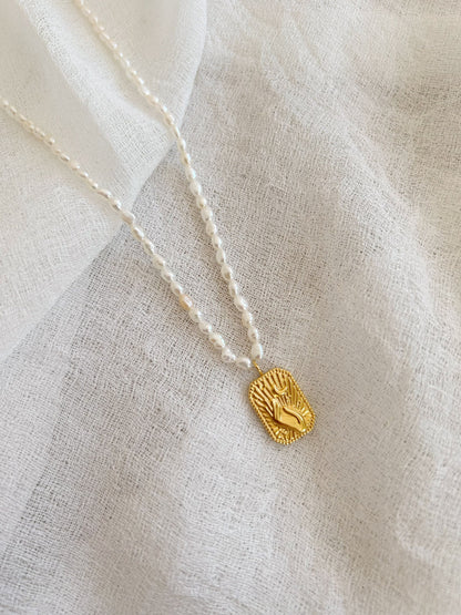 Hand and moon pendant, Chic 14k gold plated pendant, freshwater pearl necklace, statement necklace, gifts for her
