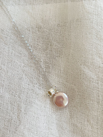 Pink button pearl with lily on the valley necklace, silver chain necklace, mirror reflection pearls, Pearl gifts