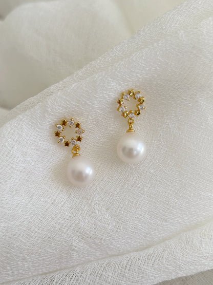 Star wreath pearl earrings, Silver Pearl earrings, Pearl ear drop