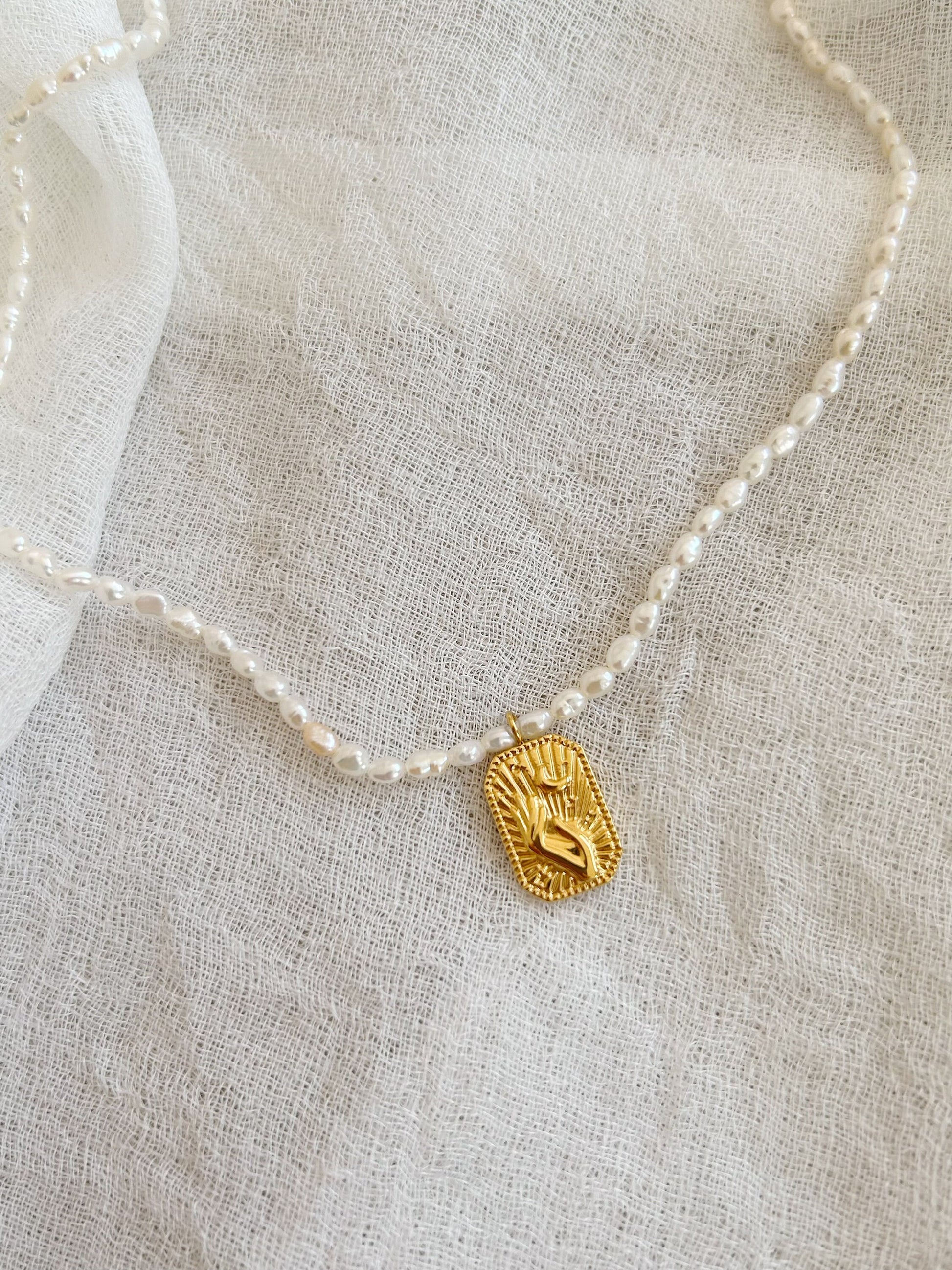 Hand and moon pendant, Chic 14k gold plated pendant, freshwater pearl necklace, statement necklace, gifts for her