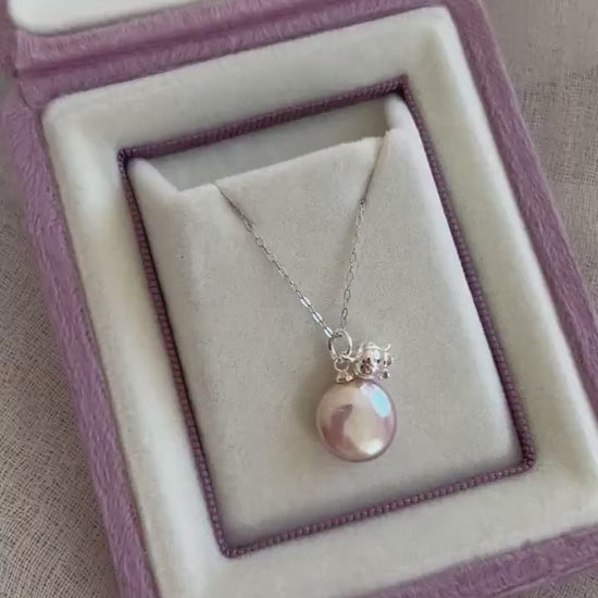 Pink button pearl with lily on the valley necklace, silver chain necklace, mirror reflection pearls, Pearl gifts
